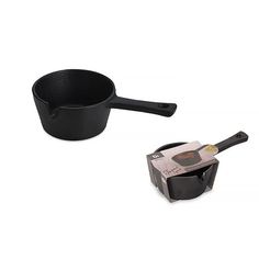 an empty cast iron skillet next to a frying pan with a spatula