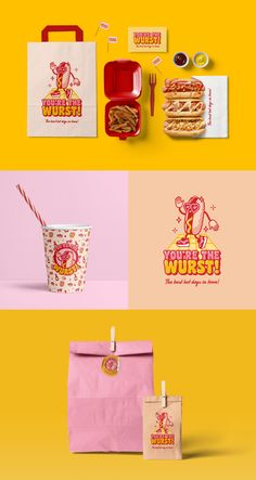 various logos and packaging designs for food items on yellow, pink and orange background with red strawberries