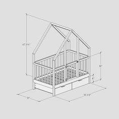 a drawing of a small wooden house with the roof and side walls cut out to show measurements