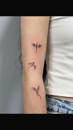 a woman's arm with three small birds on it, one is black and the other is white