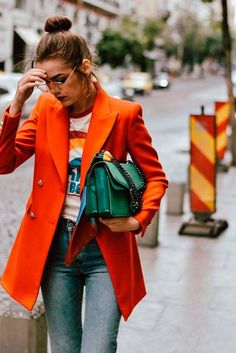 Outfits Blazer, Orange Coat, Look Jean, Orange Blazer, Suit Collar, Women Blazer, Blazer Outfit, Retro Graphic Tees