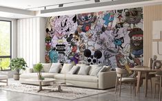 a living room filled with furniture and lots of cartoon characters on the wall