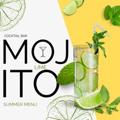 the mojito lime summer menu is displayed on a bright yellow and white background