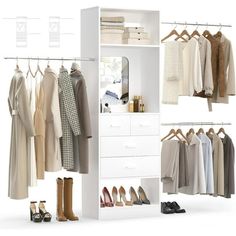 an open closet with clothes and shoes hanging on the rails, next to a white dresser