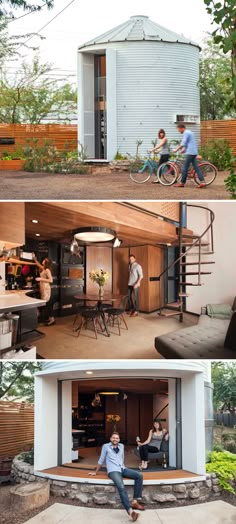 two pictures show people in the back yard and inside an open garage with stairs leading up to