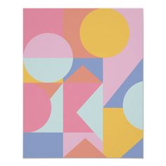 an abstract painting with circles and shapes on pink, blue, yellow and white background