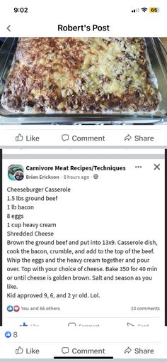 an image of food being cooked in the oven on facebook, with text reading robert's post