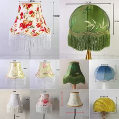 several different lamps with fringes and flowers on them are shown in various sizes, colors, and shapes