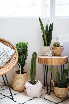 some plants are sitting on small tables in a room with white walls and flooring