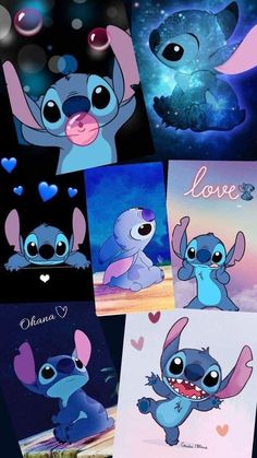 some pictures of stitchers with hearts and stars in the background, one is blue