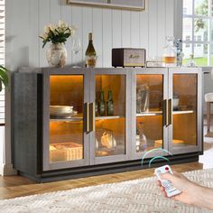 a person holding a remote control in front of a cabinet with wine bottles on it