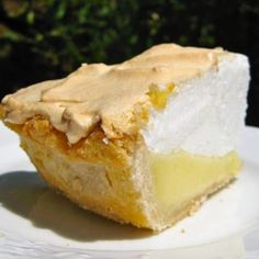 a piece of pie sitting on top of a white plate next to a green bush