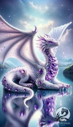 a white dragon sitting on top of a lake next to the ocean with purple bubbles