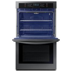 an oven with the door open and it's light on, in front of a white background