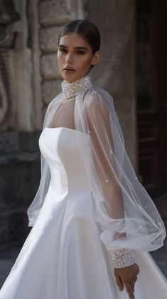 Elegant Mikado Ballroom Silhouette Wedding Dress Wedding Dress Patricia Caprio Wedding Dress With Neck Collar, Add Sleeves To Wedding Dress, Ballroom Silhouette, Wedding Dresses 2025, Ballroom Wedding Dress, Bolero Wedding Dress, Classic Ballroom Wedding, Sleeve Dress Design, Special Wedding Dress