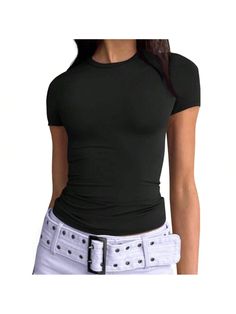 Material: This Y2k tops is made of 88% polyester and 12% nylon.High quality elastic fabric,light weight, super soft and skin-friendly,make you more comfortable to wear.Design: Cropped and regular style,you can wear it regularly or fold it up like a crop top.cute,slim fitted,casual style,scoop neck,short sleeve.Occasion: Simple and stylish design,great for going out,wort out,running,gym,yoga,daily wear, streetwear,rave party,club,dating,beach,travel,vacation,shopping,etc. Suitable for all seasons Basic Crop Tops, Best Loungewear, Cute Summer Tops, Classic Blouses, Crop Top Hoodie, Y2k Clothing, Cropped Tops, Short Sleeve Cropped Top, Womens Basic