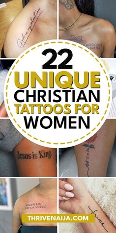 several different tattoos on the back of women's chest and arm, with words written in