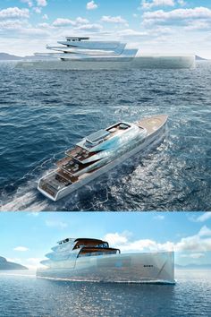 three different views of a boat in the ocean