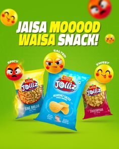 an advertisement for jasa mood wasa snack with emoticions on the back