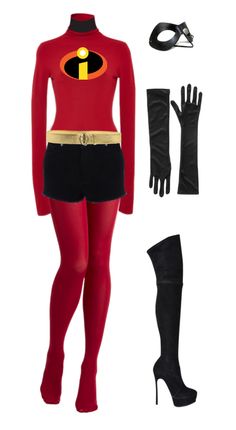 a woman in red and black outfit next to some gloves, boots and headbands