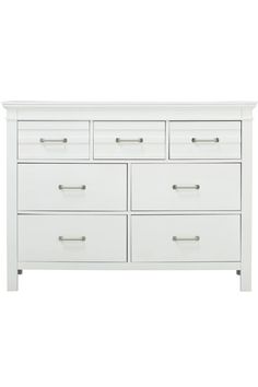 a white dresser with four drawers and two doors on the bottom drawer, in front of a