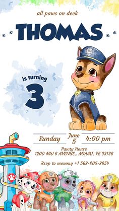 a birthday party flyer for thomas the fireman with puppies and planes on it