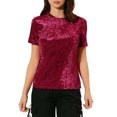 This T-shirt styled in a crew neck and solid velvet fabric bring casual and chic to whatever outfit you're putting together. Softly and shimmery velvet fabric bring instant romance to any day or night look. Perfectly pair it with jeans or leggings for a casual and fashion look. Modern and classic, this shirt style with softly velvet fabric. There's nothing like a touch of velvet to elevate your style, and this T-shirt also features a crew neck and H-line design for a put-together look. Classic T Velvet Top, Velvet Tops, Night Looks, Pink Blouse, Ladies Party, Casual T Shirts, Shirt Style, Winter Outfits, Classic T Shirts