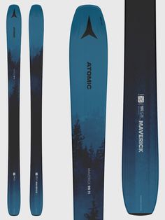 three different types of skis and snowboards on display in front of a white background