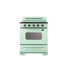 a green stove with two burners and one oven door open on a white background