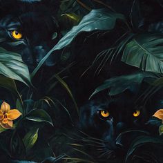 two black cats with yellow eyes hiding in the leaves and flowers, one is staring at the camera