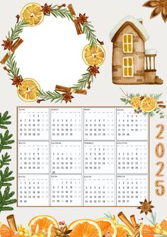 a calendar with oranges and spices on the front, next to a christmas wreath