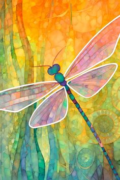 a painting of a dragonfly sitting on top of a green and yellow background with circles