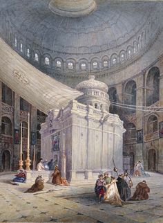 an old painting of people in a large building