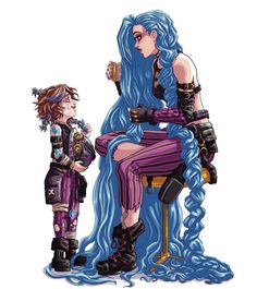 an image of a woman sitting on top of a stool next to a man with blue hair