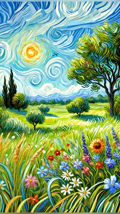 a painting of a field with flowers and trees