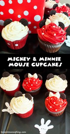 mickey and minnie mouse cupcakes with red frosting