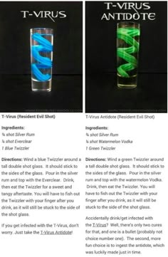 two different types of glasses with blue and green liquid in them, one is filled with water