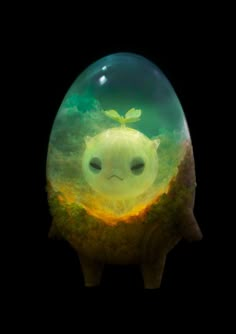 an egg shaped like a creature with a face on it's back and eyes open