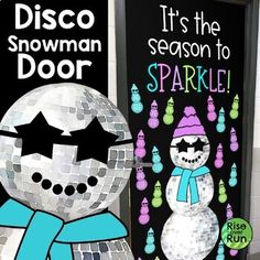 a snowman is standing next to a disco ball door sign that says it's the season to sparkle