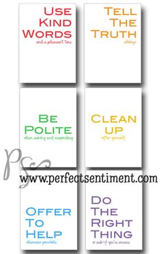 four different types of posters with the words be polite, clean up, do the right thing