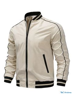 OrcaJump - Mens Durable Zipper Standing Collar Warm Ups Comfort Leisure Jacket Outerwear Solid/Plain Pocket Beige Black for Casual/ Rugged Men, Patchwork Jacket, Active Jacket, Striped Jacket, Black Khakis, Baseball Jacket, Casual Look, Casual Jacket, Jacket Style