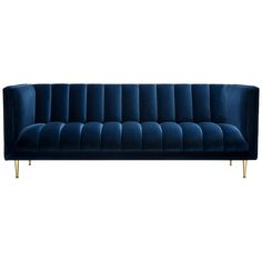 a blue velvet sofa with gold legs