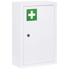 a white medicine cabinet with a green cross on the front and bottom panel, against a white background