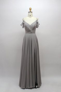 Straps Grey Chiffon A-line Long Bridesmaid Dress Charcoal Grey Bridesmaid Dresses, Silver Grey Bridesmaid Dresses, Simple Grey Dress, Neckline Embroidery, Gray Cocktail Dress, Grey Prom Dress, Grey Bridesmaids, Custom Bridesmaid Dress, Yellow Bridesmaid Dresses