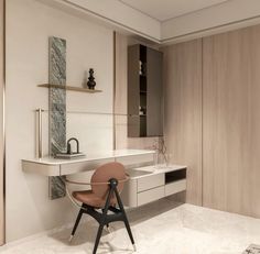 a chair sitting on top of a white counter next to a sink in a bathroom