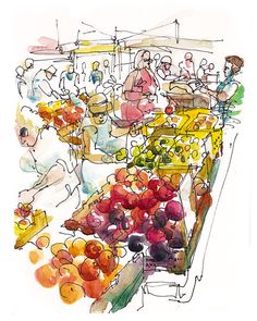 an artistic drawing of people shopping in a grocery store with fruits and vegetables on display