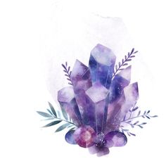 an artistic watercolor painting of crystals and leaves