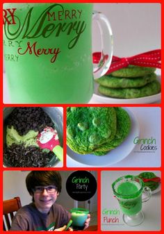 a collage of photos with green drinks and cookies