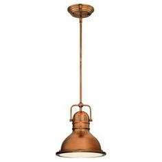 an antique style pendant light fixture with a copper finish and white glass shade on the bottom