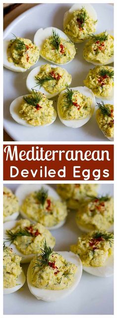 an image of deviled eggs with different toppings on them and the words mediterranean deviled eggs